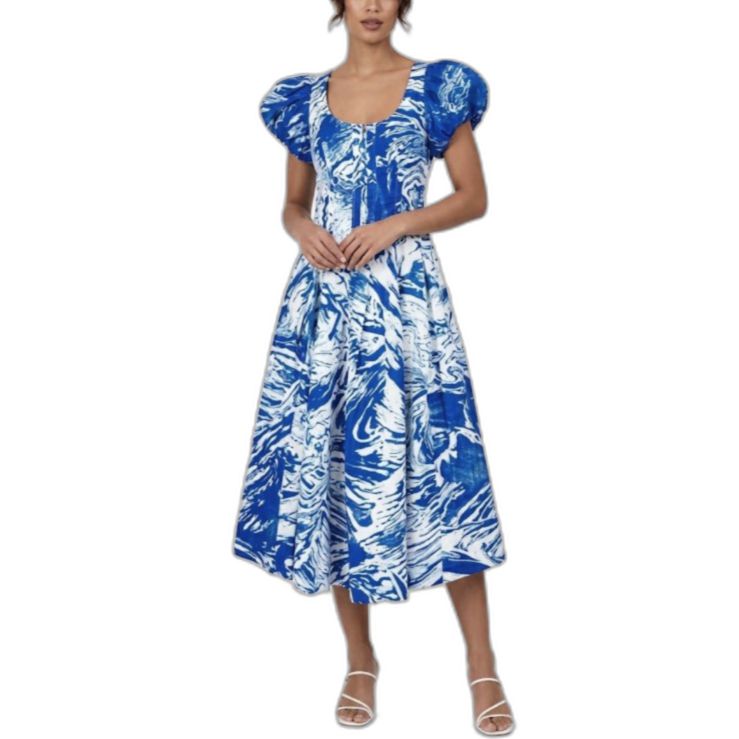 Jessie Zhao Nwt Blue White Abstract Print Scoop Neck Puff Ss Midi Dress Size 6